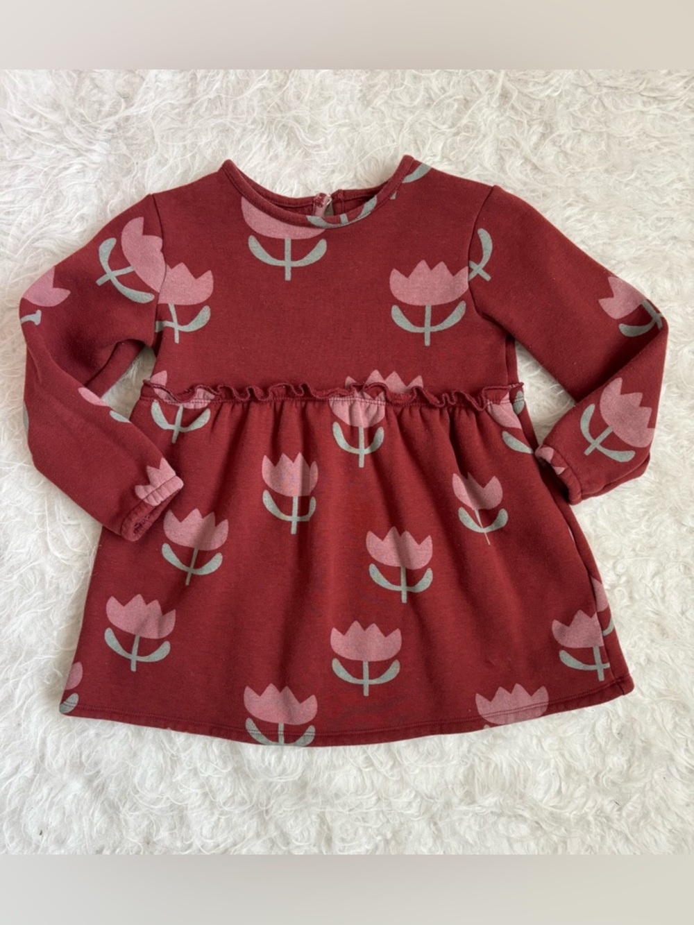 Little Co Girls Burgundy Floral Tulip AOP Cozy Fleece Dress